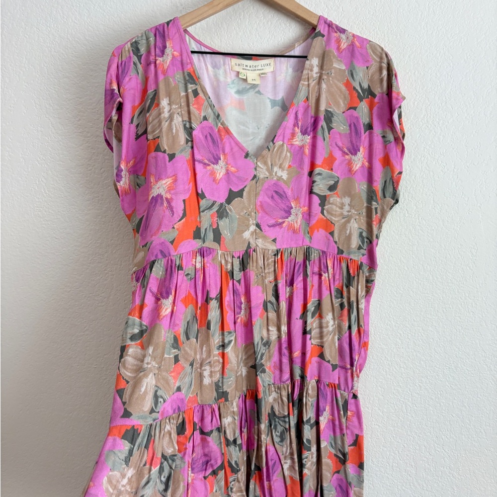 Saltwater Luxe Pink and Coral Floral Tiered Mini Dress - Picture 2 of 6